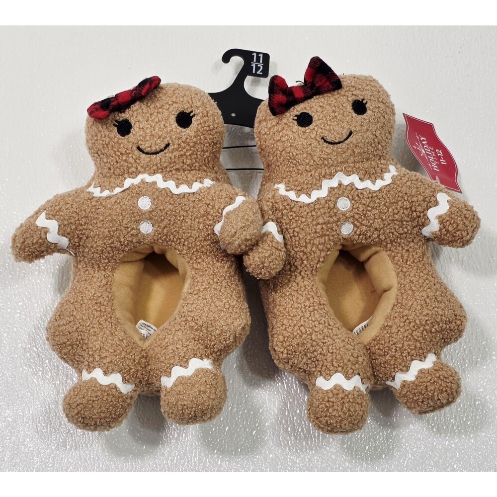 Girls Slippers Size 11-12 Brown Slip On Plushy Shoes Gingerbread